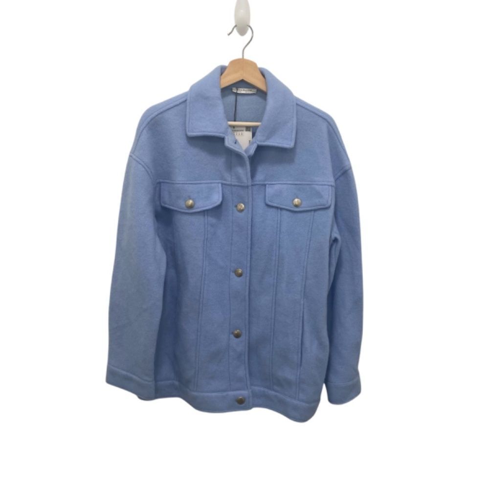 Zara Trafaluc Blue Wool Blend Shacket Medium M Button Down Long Sleeve Jacket